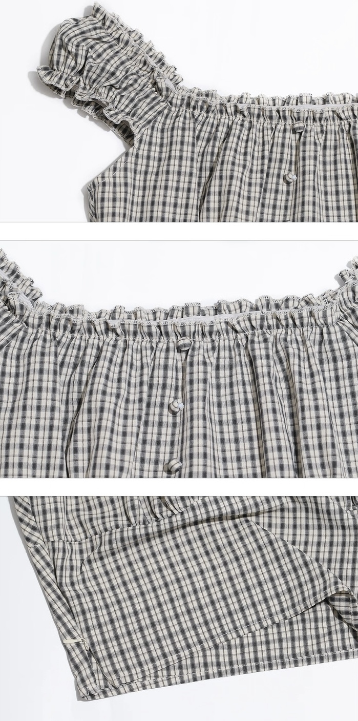 Black And White Plaid One-shoulder Short Top, Elasticated Summer Niche Short-sleeved Top