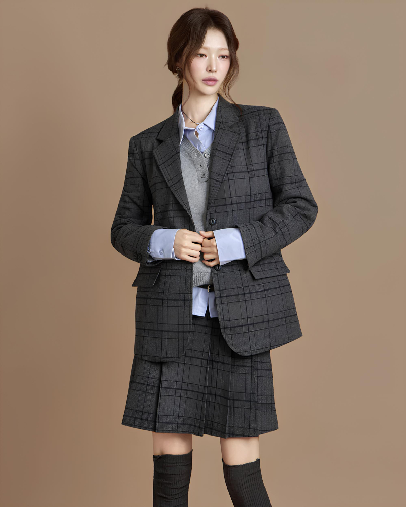 Plaid Suit Set, Jacket And A-line Skirt