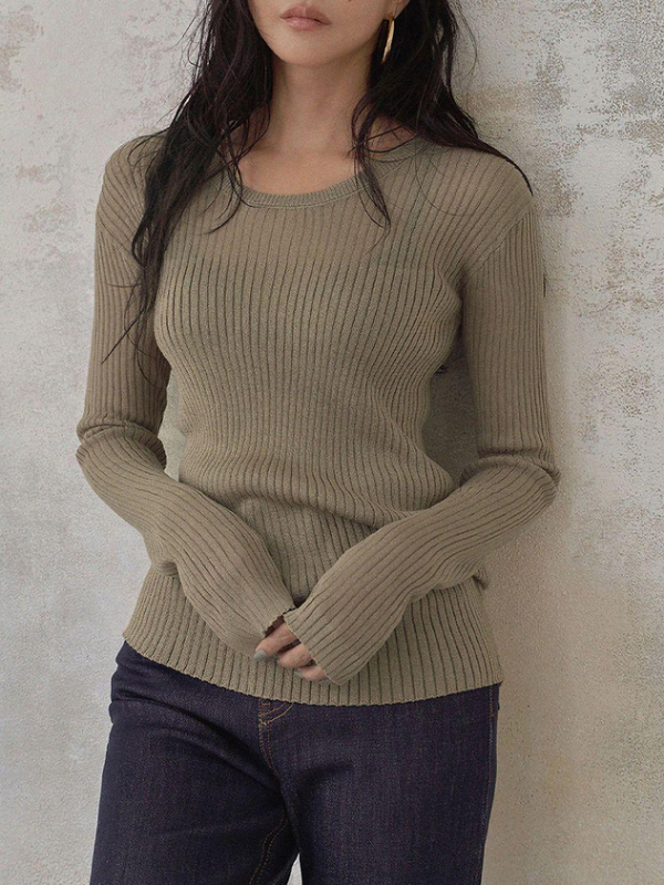 Ribbed Knit T-shirt, Grey-khaki