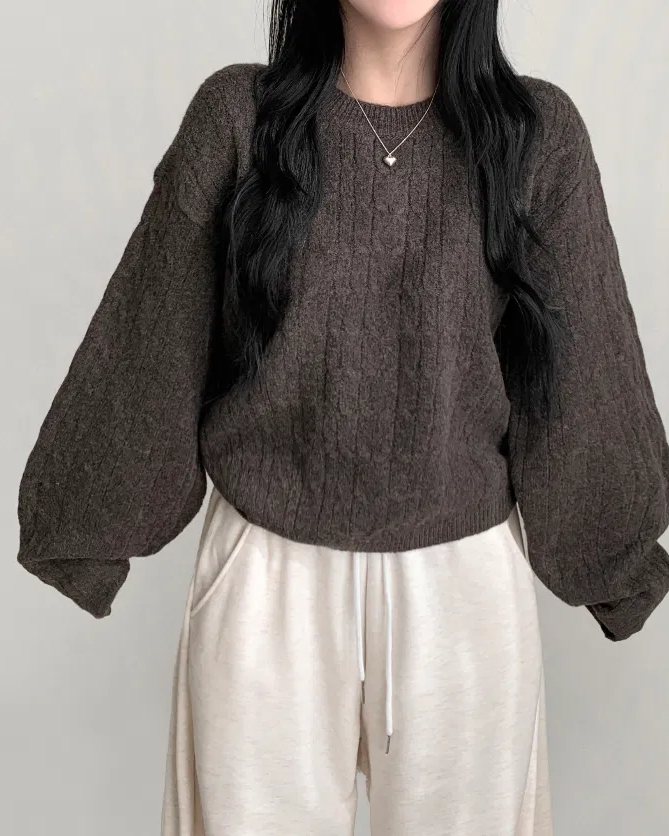 Wool Chunky Twist Comfortable Crew Neck Half-length Knit Sweater