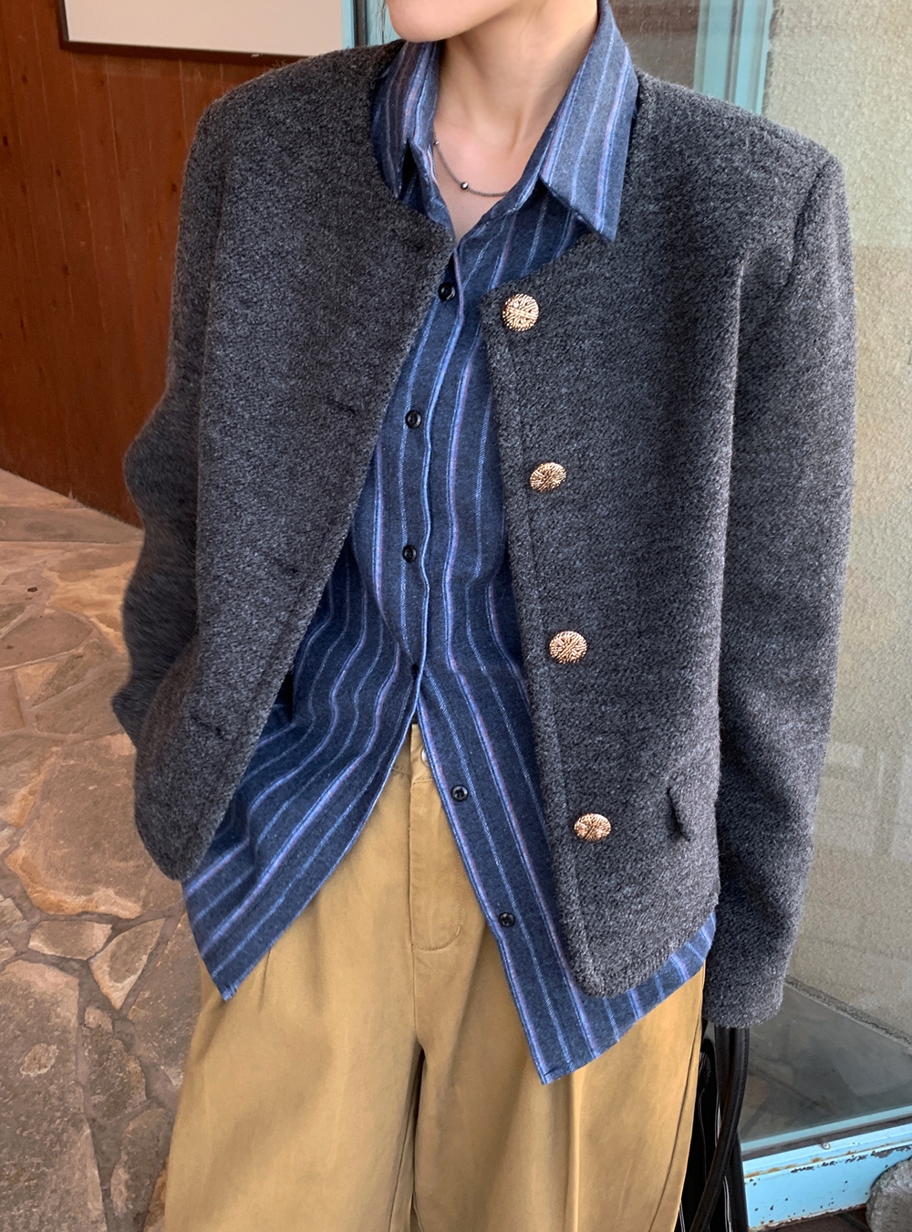 Wool Blend Collarless Loose-fitting Autumn And Winter Jacket