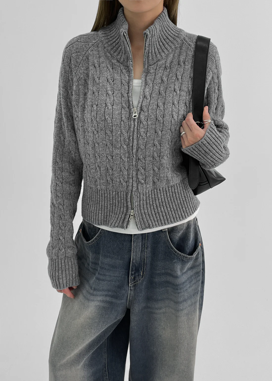 Zippered Stand-up Collar Cable Knit Textured Cardigan