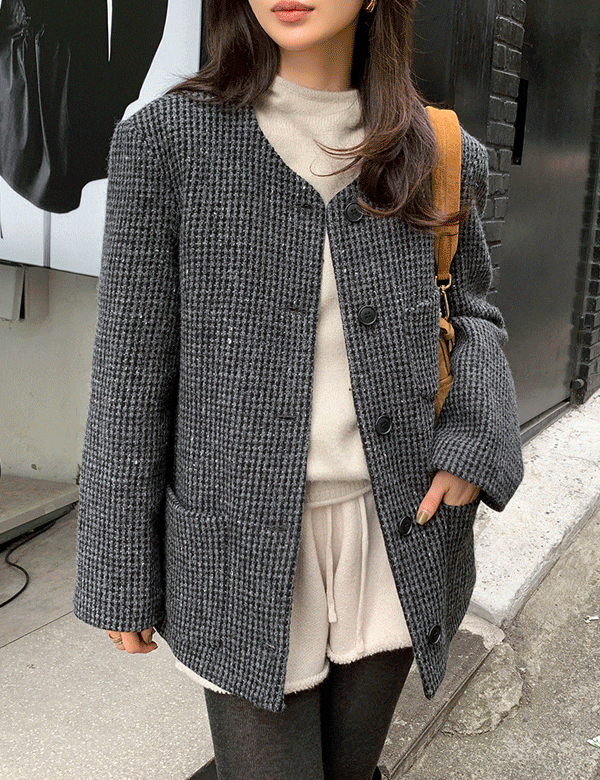 Tweed Crew Neck Thick Coat