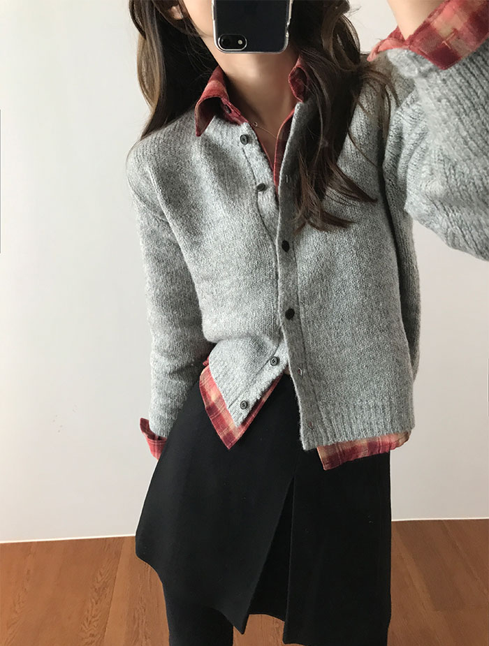 Solid Color Thick Wool Cardigan, Button-down Cardigan