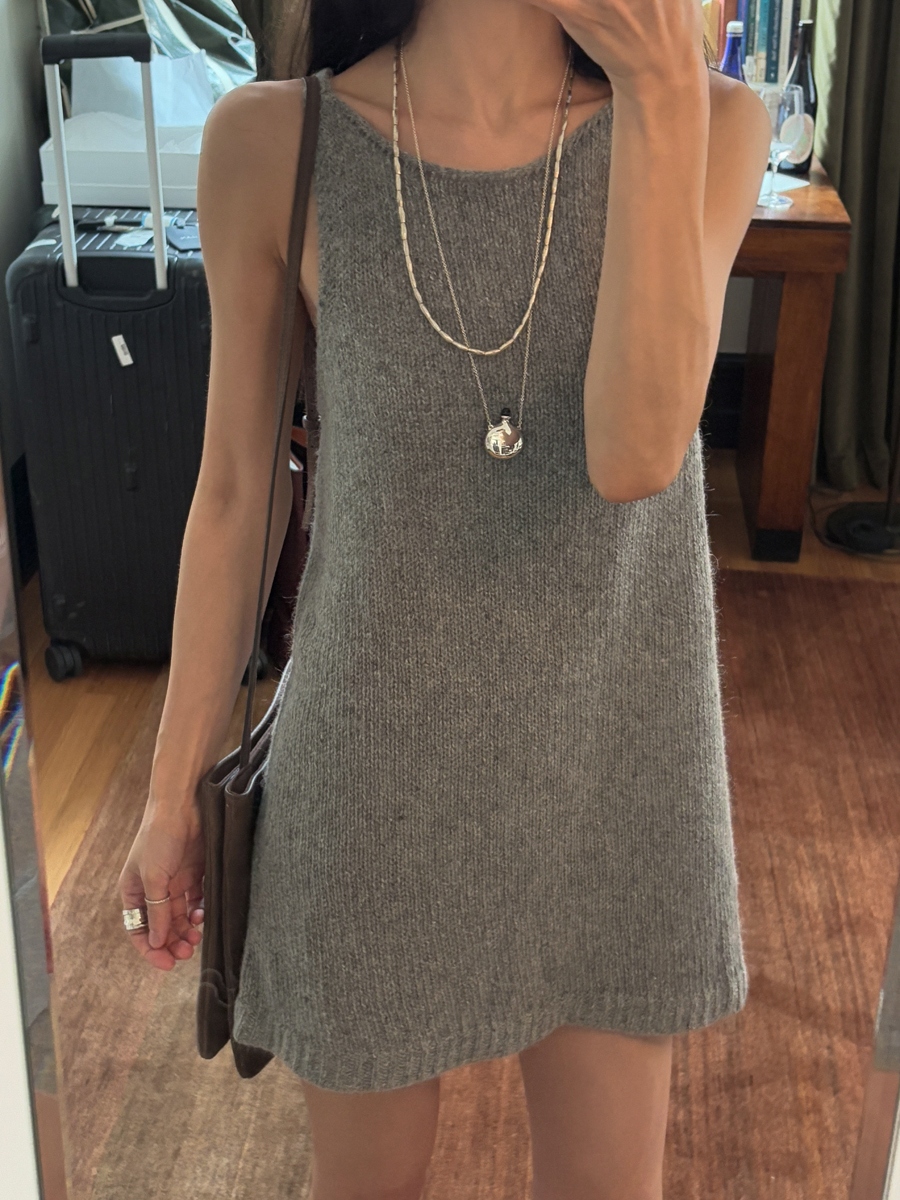 Mohair And Wool Blend Knit Dress For Autumn And Winter, Round Neck A-line Skirt, Pleated Hem, Knee-length Mini Skirt, Grey/off-white