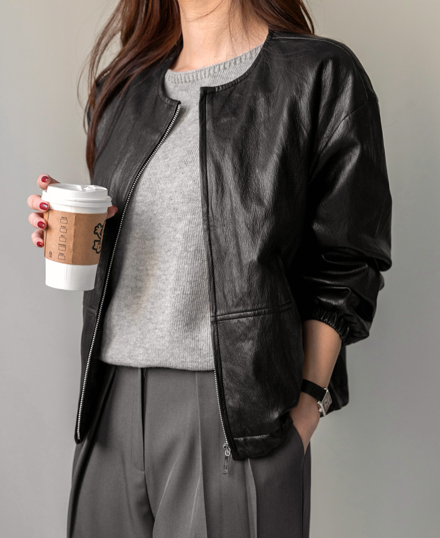 여성용 봄 칼라리스 가죽 재킷