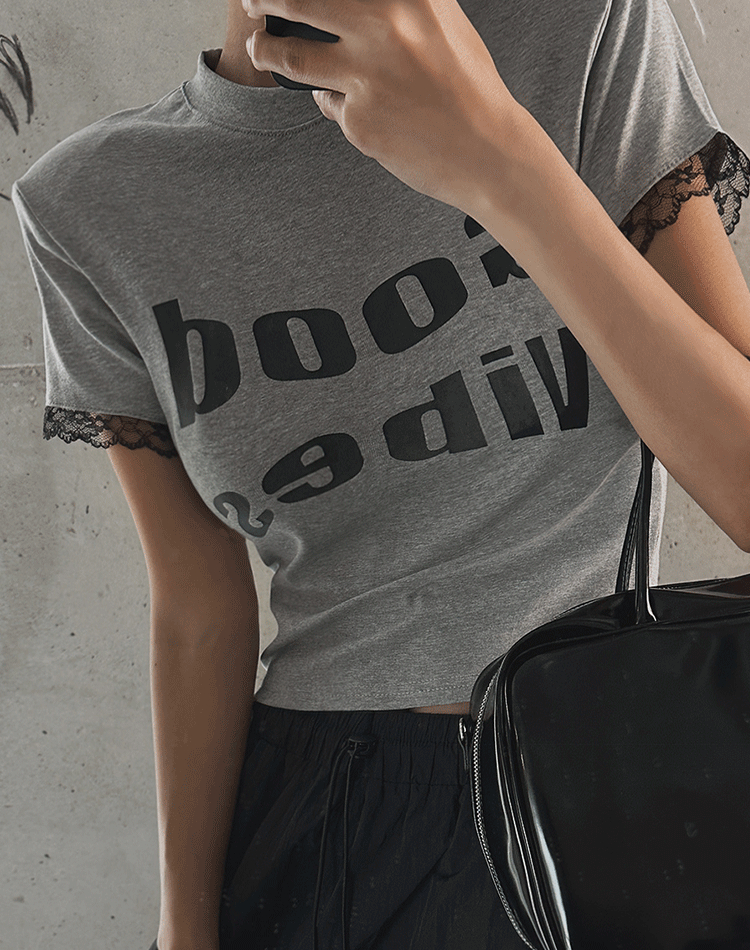 면 혼방 스트레치 레이스 반팔 프린트 티셔츠