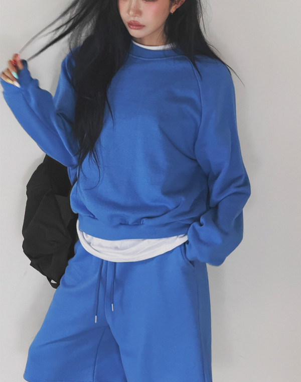 클라인 블루 래글런 소매 크루넥 스웨트셔츠 세트 - 루즈핏, 캐주얼 스포티 투피스 세트 - 편안하고 여유로운 느낌