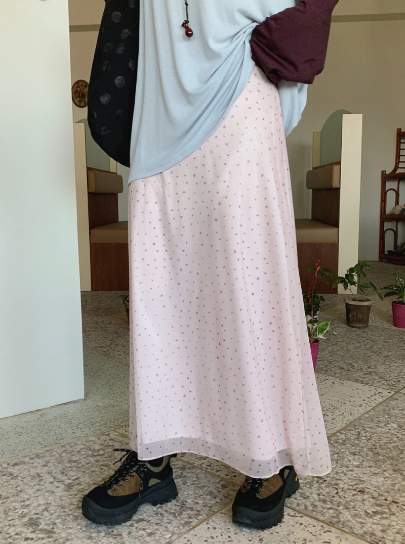 여성용 플로럴 시폰 미디 스커트, 하이웨이스트, 하늘거리는 A라인 롱 스커트