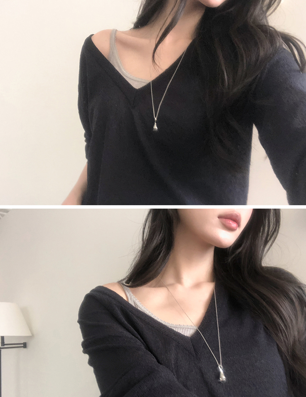 네이비 딥브이넛 린넨 혼방 가벼운 니트 티셔츠 루즈핏 단독/레이어드 착용 가능 데일리 블라우스