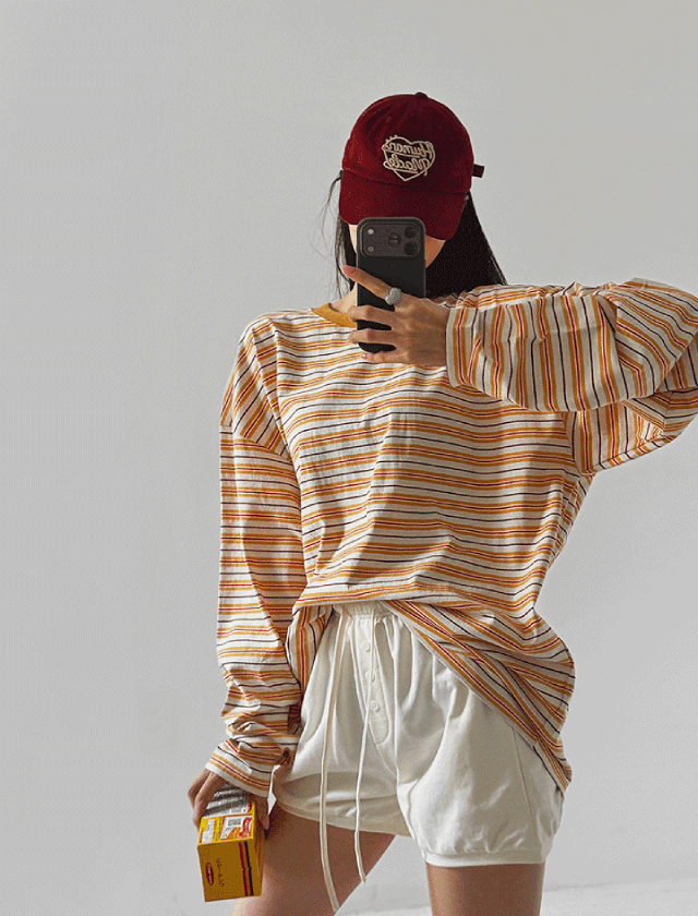 Loose Fit Contrast Striped Long Sleeve Tee, 100% Cotton Unisex Oversized Long Length T-Shirt, Yellow Casual Basic Top For Men Women