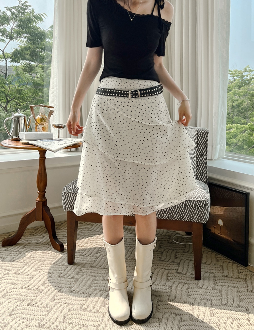 잔도트 빈티지 레이어 프릴 쉬폰 미디 스커트 로맨틱 데일리 반바지