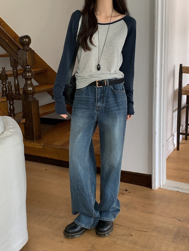 [만능코디][PURE DENIM] 브렌 워싱 와이드 데님 팬츠 + 쫀쫀스판 플릭 나그랑 배색 보트넥 티셔츠 데일리 세트